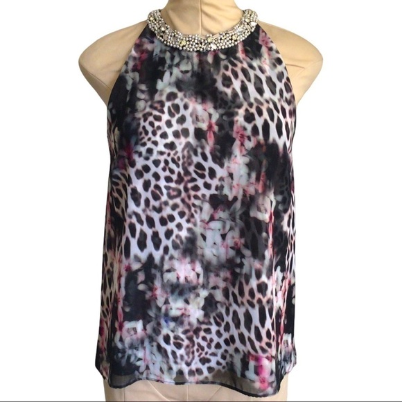 JENNIFER Lopez Sleeveless Animal Floral Beaded Mock Neck Layered Blouse/Top Sm. - Picture 1 of 12